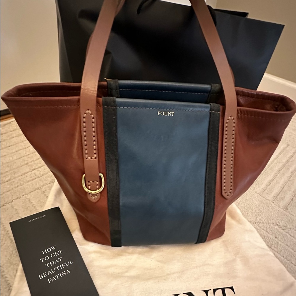 FOUNT Brown and Blue Leather Tote Bag